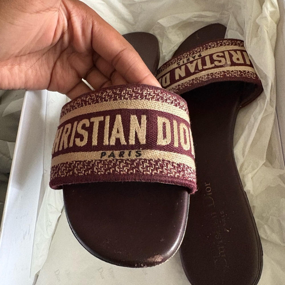 Dior Burgundy and Cream Logo Slide Sandals - Picture 2 of 3